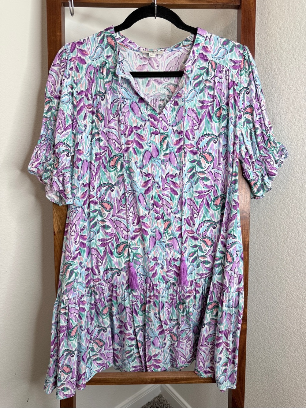Umgee Purple Paisley Boho Tassel Tiered Mini Dress S